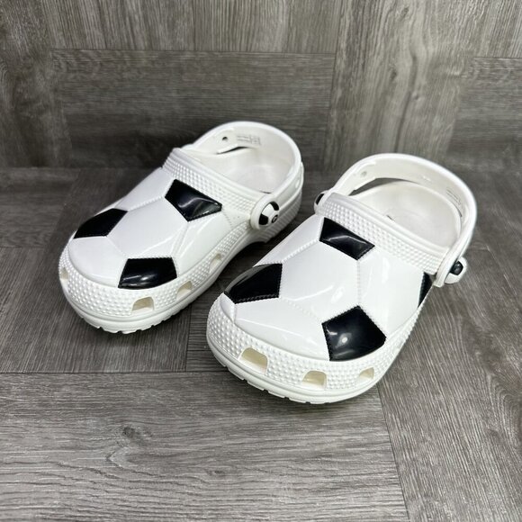 CROCS Classic Kids size 8 White Black Soccer Themed Clogs - Picture 3 of 8